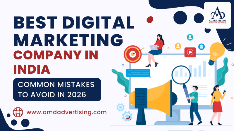 Blog banner showcasing the Best Digital Marketing Company in India with visuals of SEO, social media, analytics, and strategy icons highlighting common mistakes to avoid in 2026