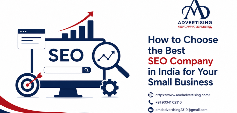 Best SEO Company in India, featuring a support representative at a computer, digital marketing icons, and a call-to-action for small businesses.