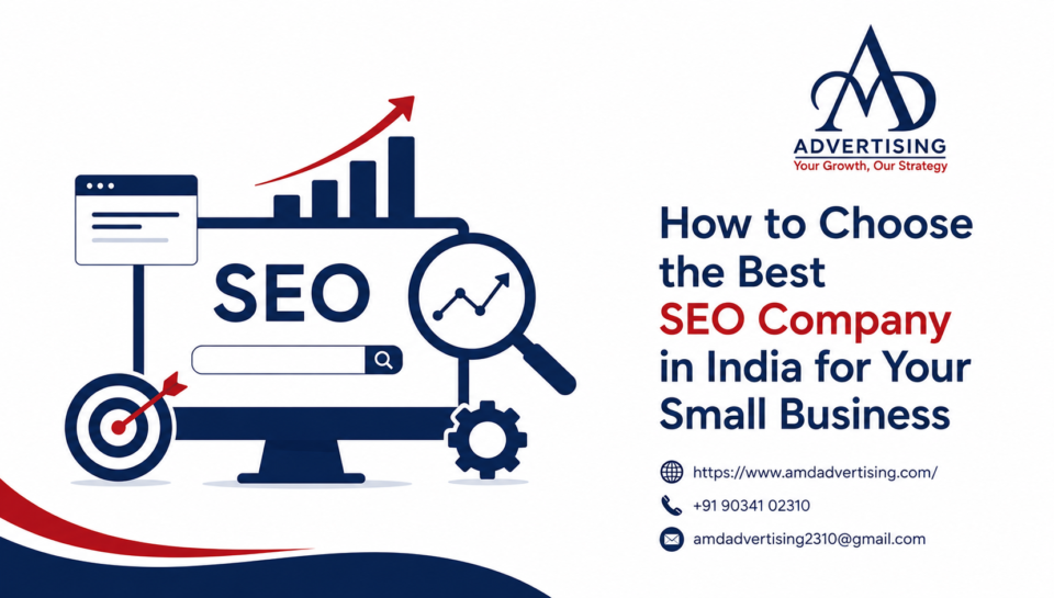 Best SEO Company in India, featuring a support representative at a computer, digital marketing icons, and a call-to-action for small businesses.