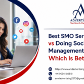 Best SMO Service in India comparison banner showing a professional woman managing social media on a laptop in a modern office