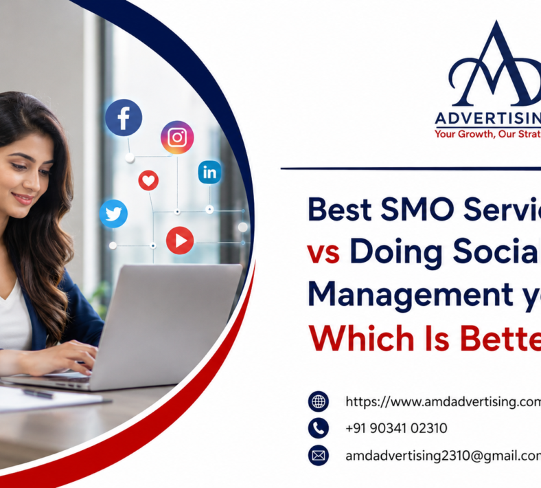 Best SMO Service in India comparison banner showing a professional woman managing social media on a laptop in a modern office