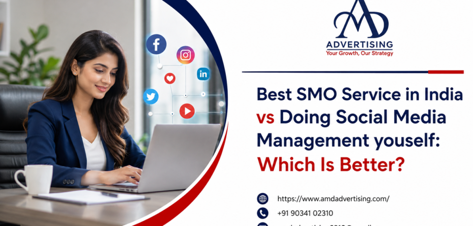 Best SMO Service in India comparison banner showing a professional woman managing social media on a laptop in a modern office