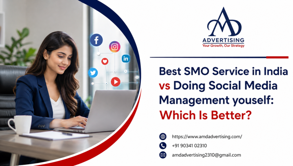 Best SMO Service in India comparison banner showing a professional woman managing social media on a laptop in a modern office